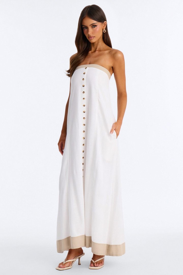 Keep It Cool Button Up Linen Maxi Dress - Cream/combo