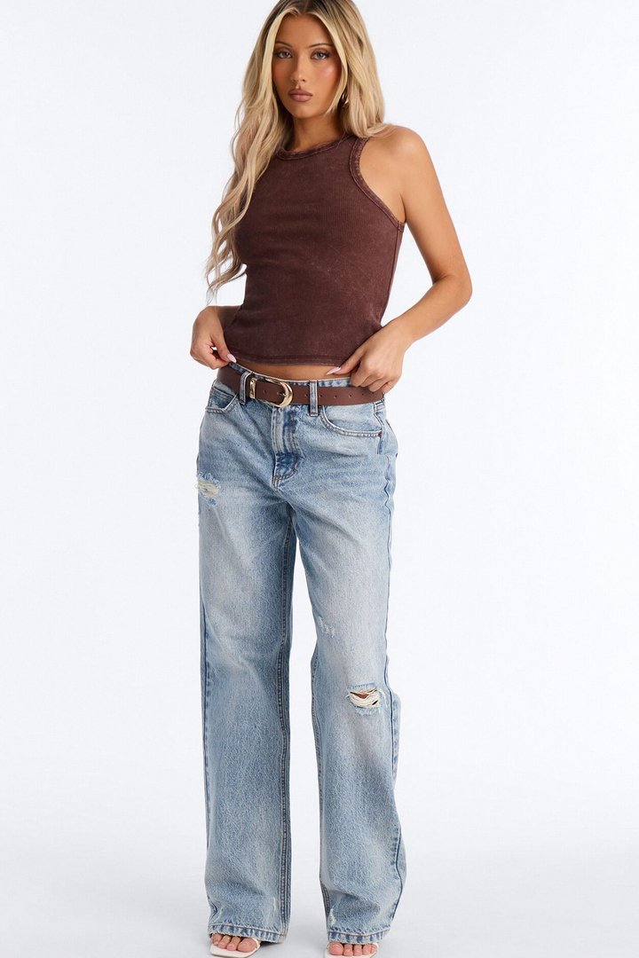 Annie Acid Washed Ribbed Crew Neck Tank Top - Chocolate