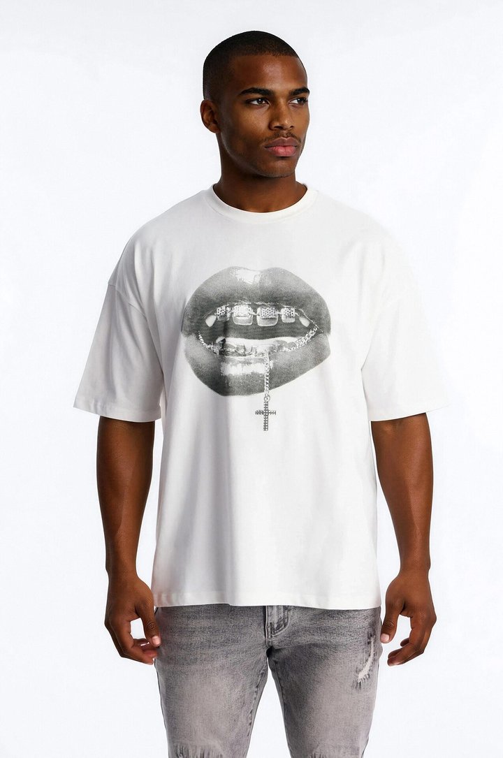 Speak On The Cross Rhinestone Oversized Short Sleeve Tee - White