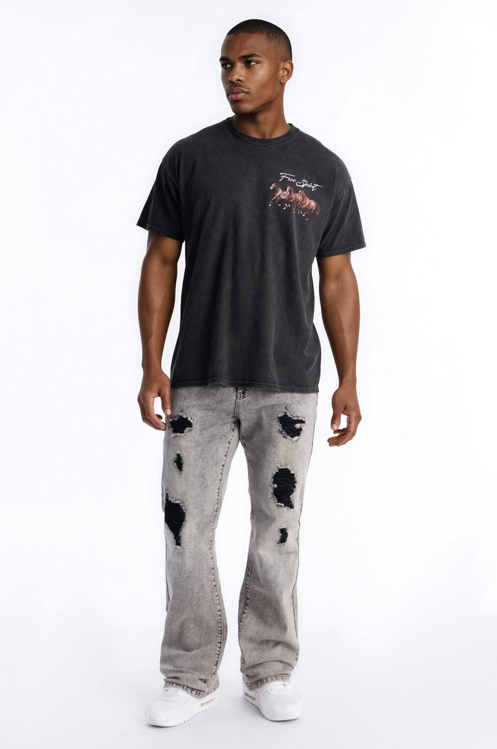 Stacked Skinny Slim Flare Acid Distressed Jeans - Grey