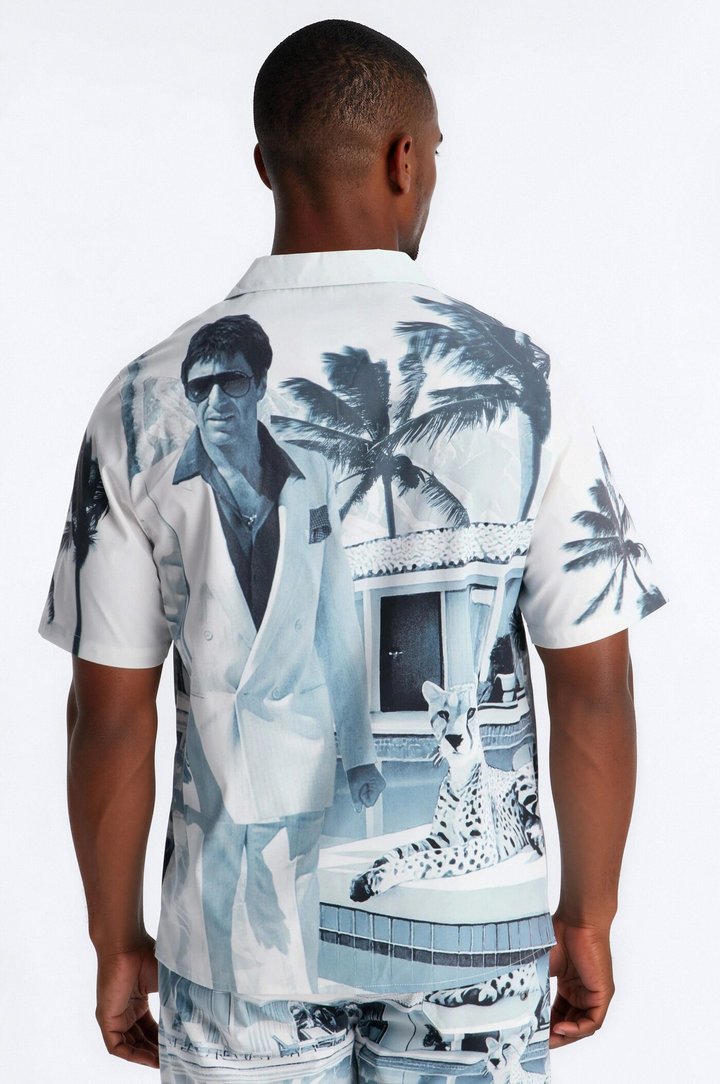 Relaxed Scarface Poolside Photoreal Cuban Collar Button Up Shirt - White