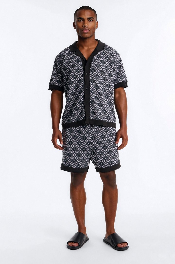 Geometric Jewel Jacquard Button Up Shirt - Grey