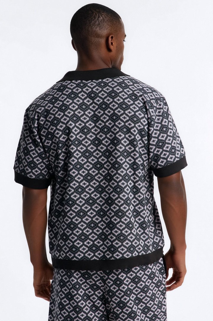 Geometric Jewel Jacquard Button Up Shirt - Grey