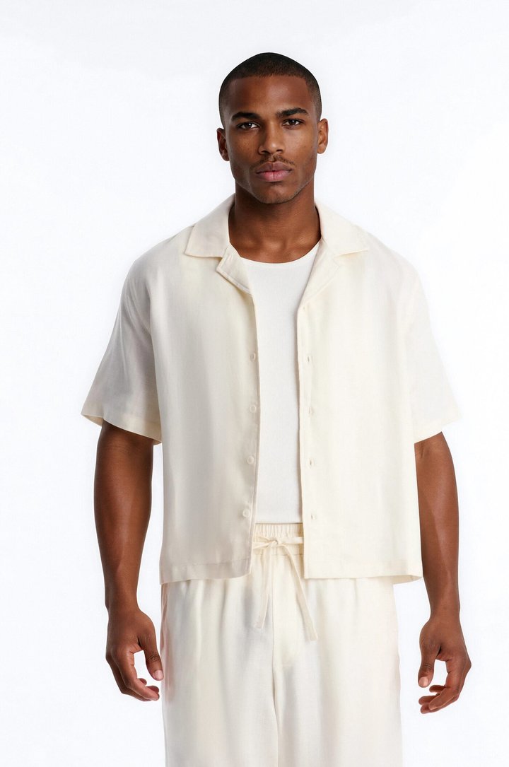 Cropped Wastelander Cuban Collar Button Up Shirt - Cream