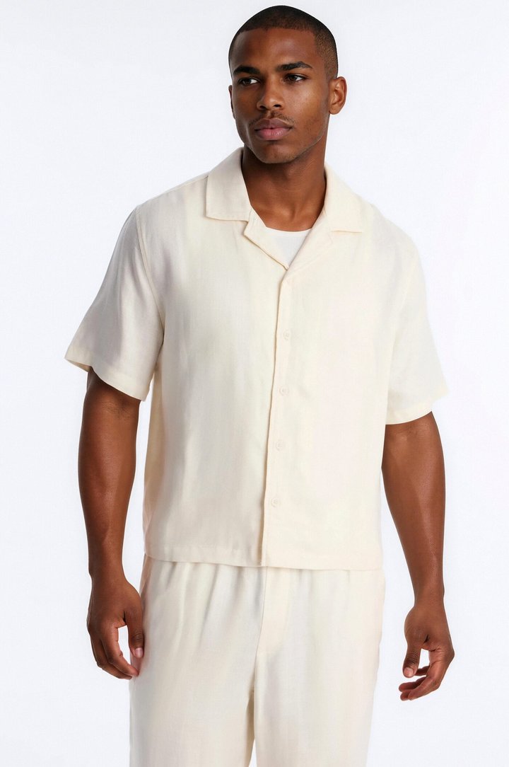 Cropped Wastelander Cuban Collar Button Up Shirt - Cream