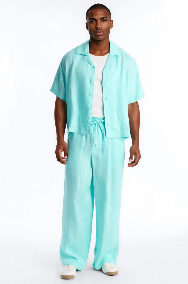 Cropped Wastelander Cuban Collar Button Up Shirt - Turquoise