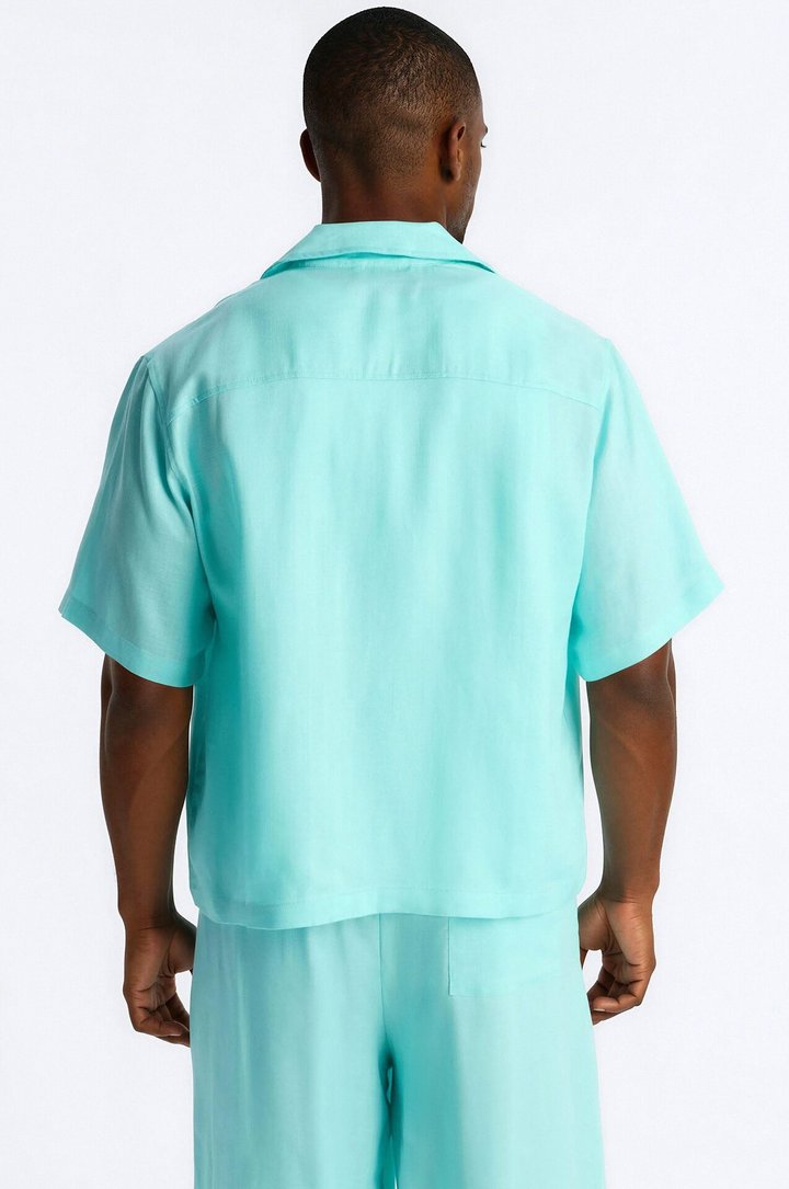 Cropped Wastelander Cuban Collar Button Up Shirt - Turquoise