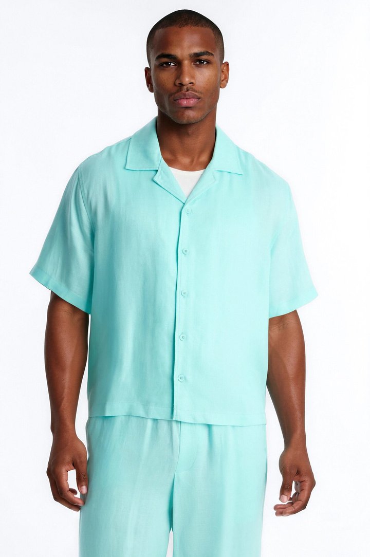 Cropped Wastelander Cuban Collar Button Up Shirt - Turquoise
