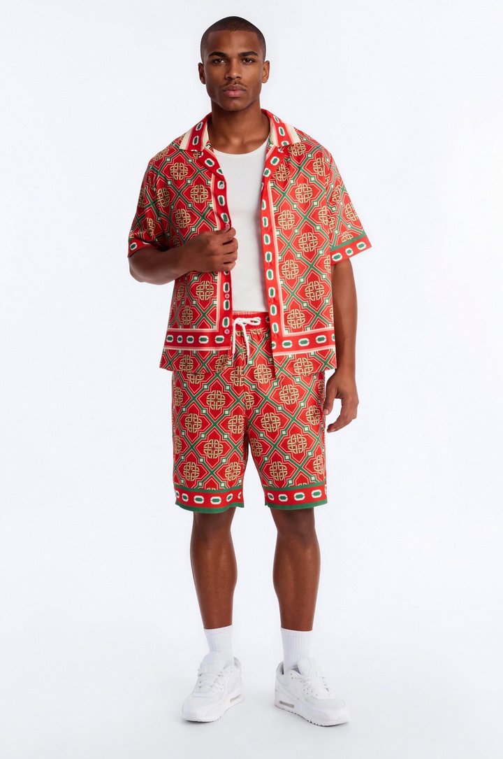 Royal Geometric Cuban Collar Button Up Shirt - Red/combo