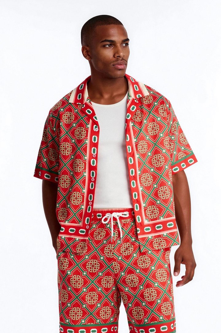Royal Geometric Cuban Collar Button Up Shirt - Red/combo