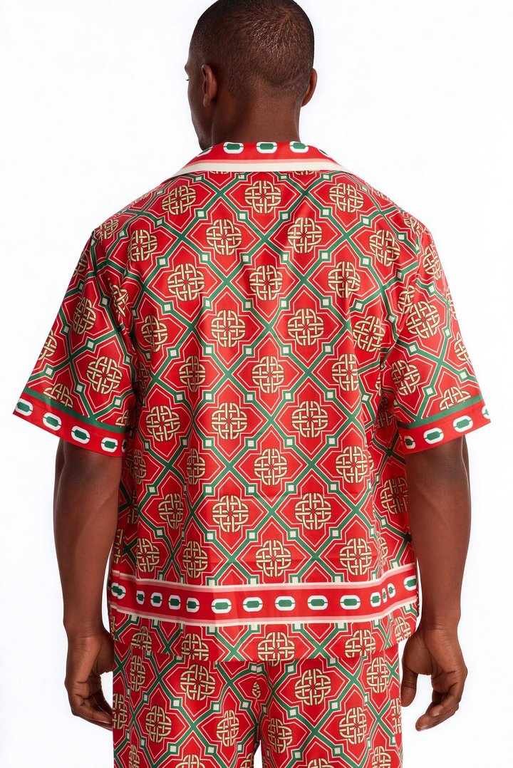 Royal Geometric Cuban Collar Button Up Shirt - Red/combo
