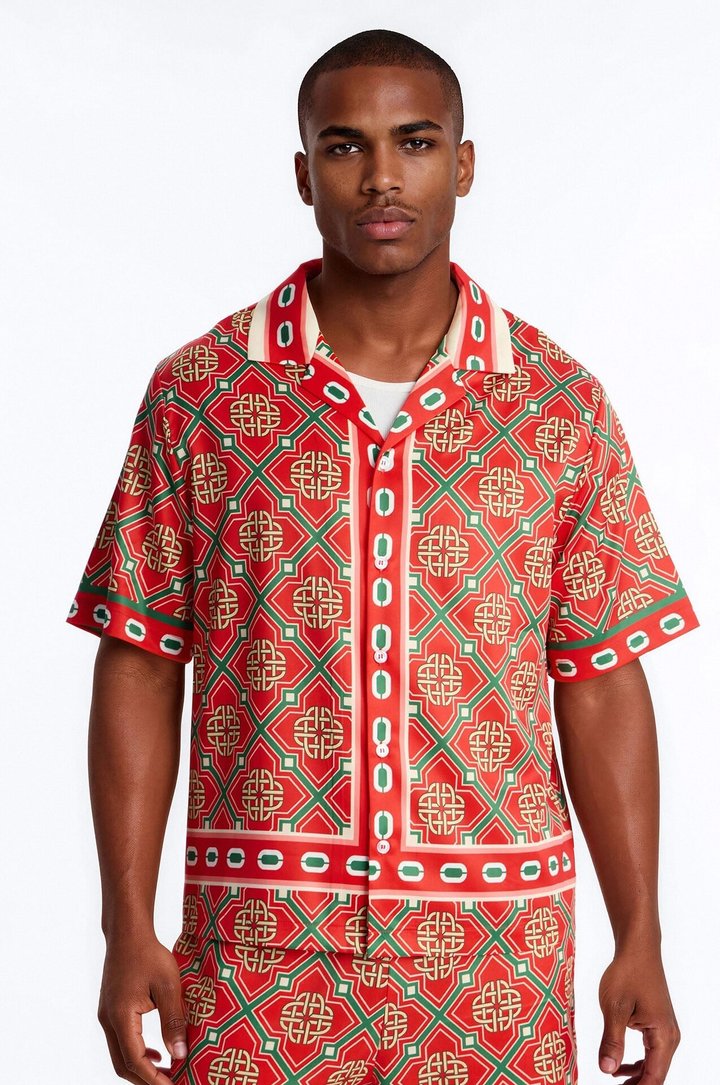 Royal Geometric Cuban Collar Button Up Shirt - Red/combo