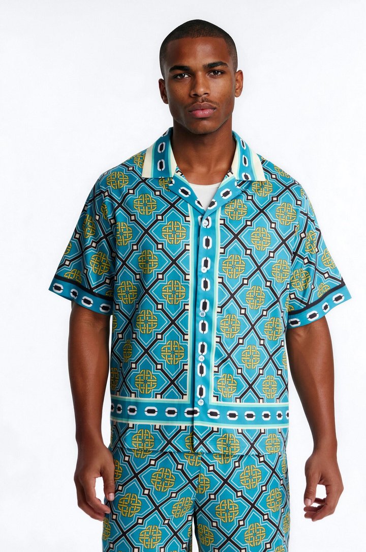 Royal Geometric Cuban Collar Button Up Shirt - Teal