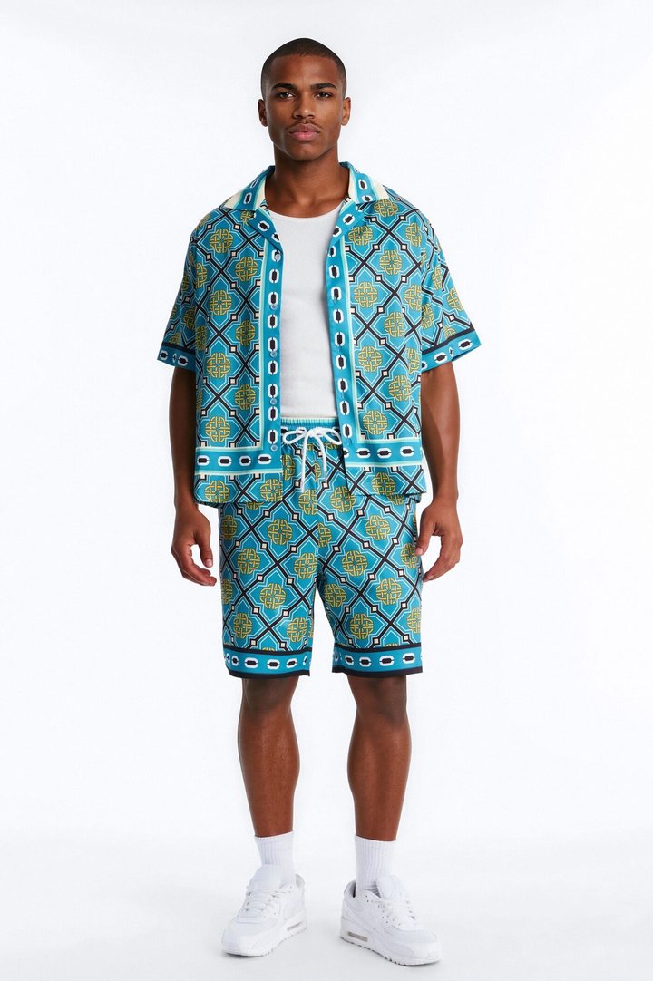 Royal Geometric Cuban Collar Button Up Shirt - Teal