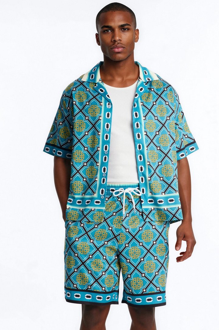 Royal Geometric Cuban Collar Button Up Shirt - Teal