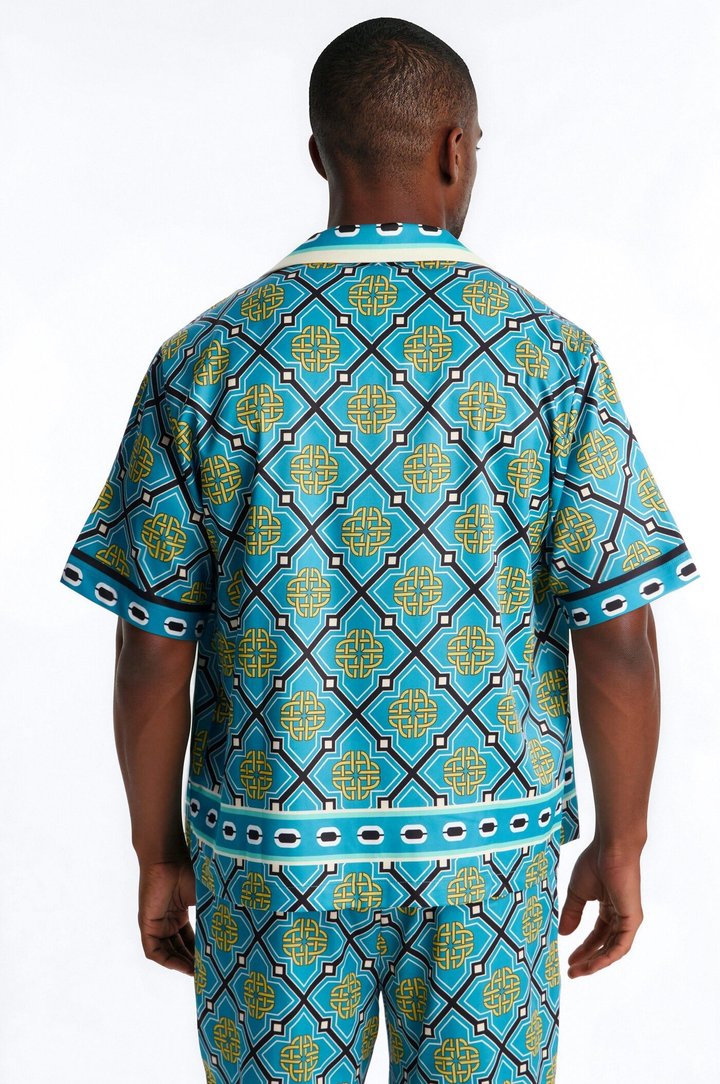 Royal Geometric Cuban Collar Button Up Shirt - Teal