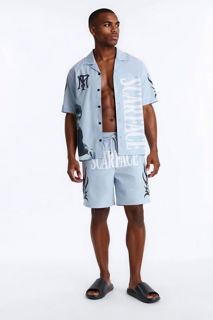 Relaxed Scarface Coast Cuban Collar Button Up Shirt - Light Blue