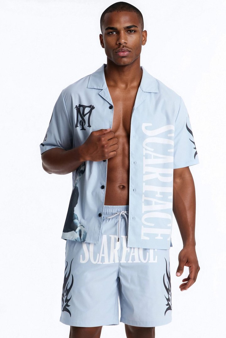 Relaxed Scarface Coast Cuban Collar Button Up Shirt - Light Blue