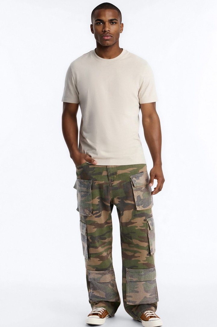 Baggy Rhinestone Combat Cargo Jean - Camouflage