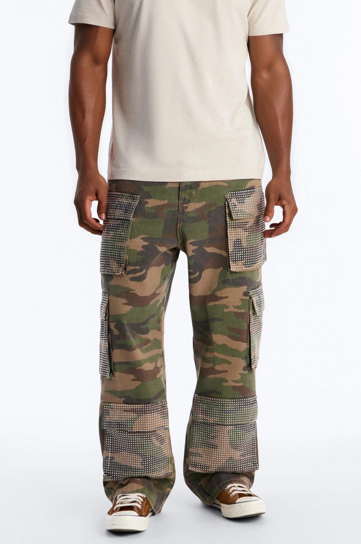 Baggy Rhinestone Combat Cargo Jean - Camouflage