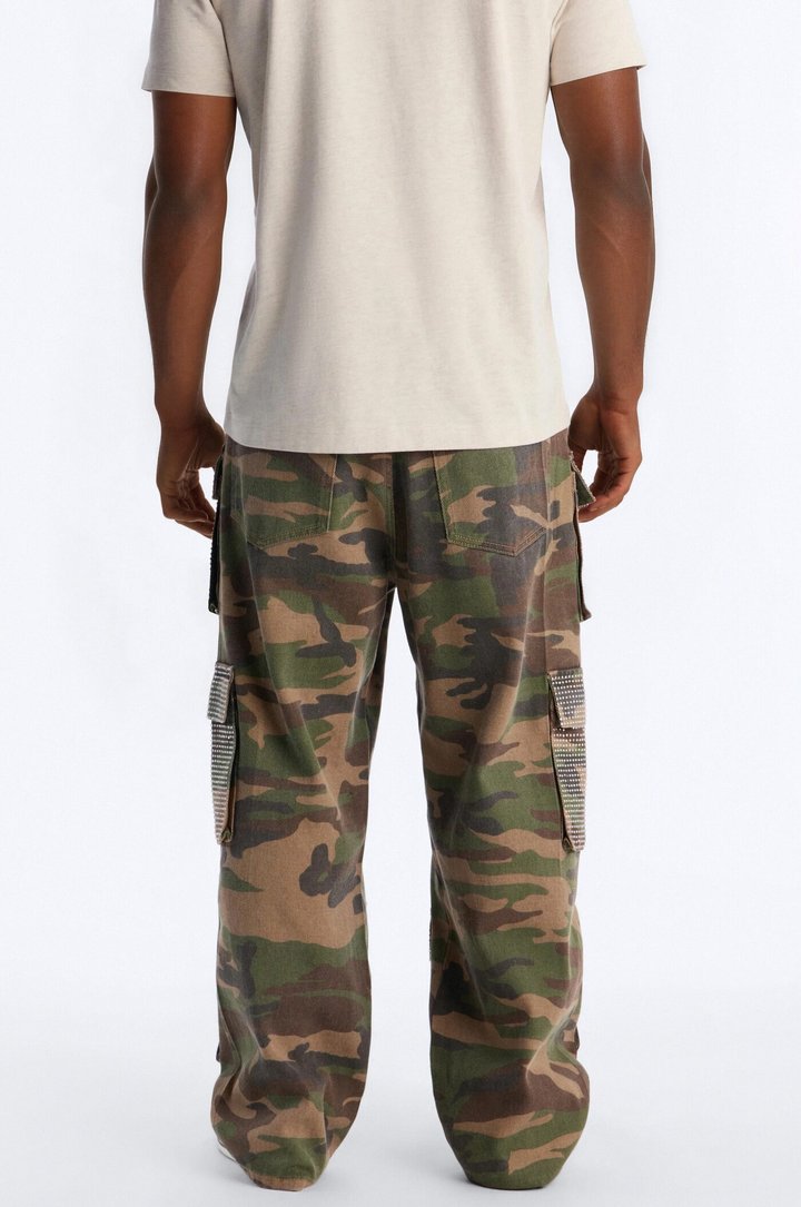Baggy Rhinestone Combat Cargo Jean - Camouflage