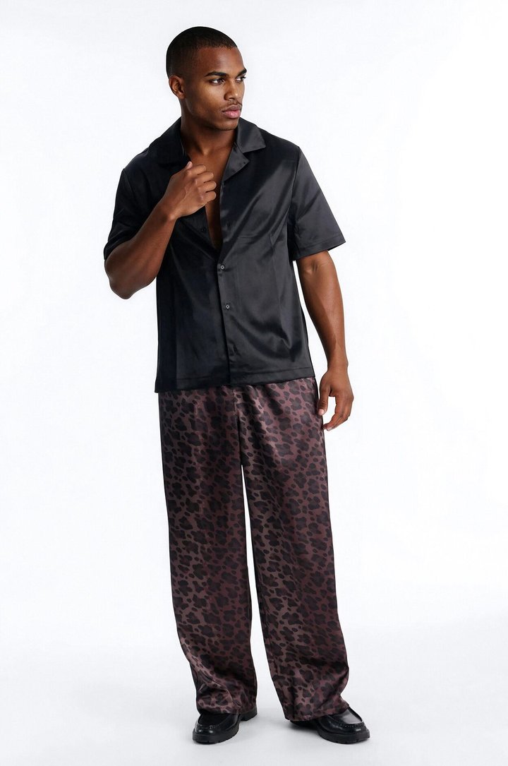 Wide Leg Urban Leopard Satin Pant - Brown