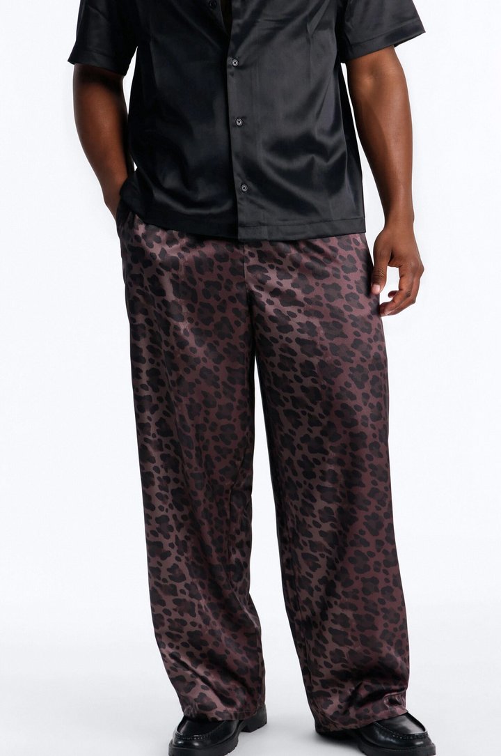Wide Leg Urban Leopard Satin Pant - Brown