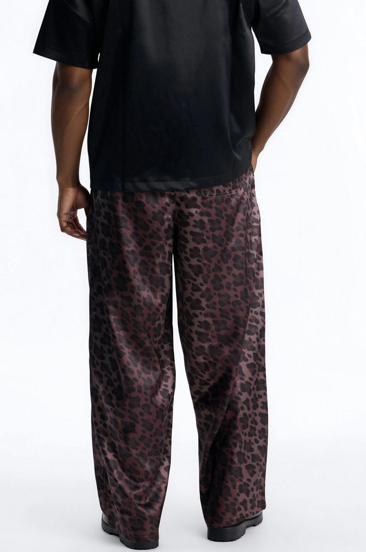 Wide Leg Urban Leopard Satin Pant - Brown