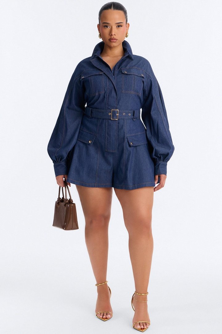 Nelly Belted Denim Romper - Dark Wash