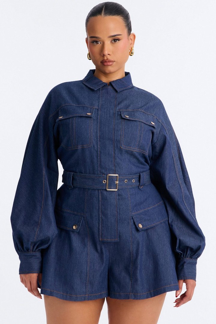 Nelly Belted Denim Romper - Dark Wash