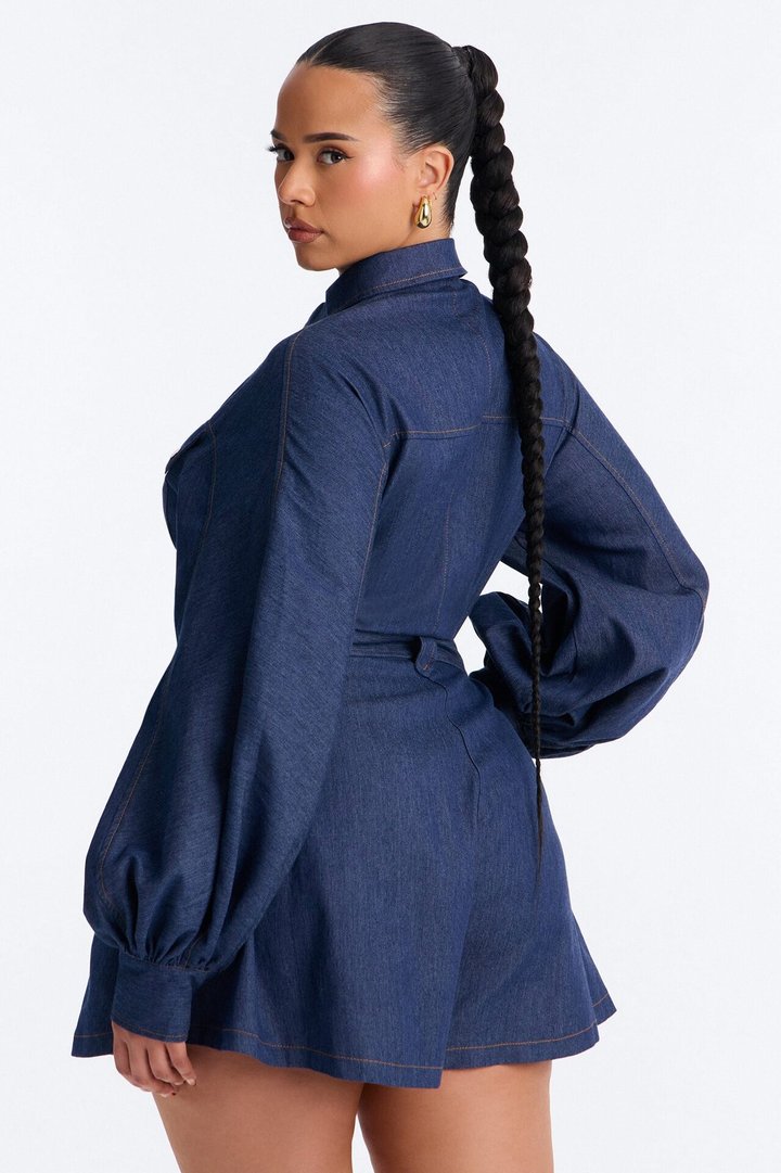 Nelly Belted Denim Romper - Dark Wash