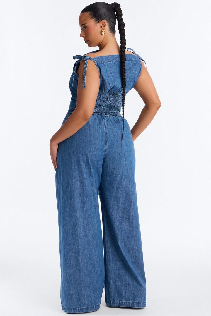 Brynn Off The Shoulder Wide Leg Denim Set - Medium Wash