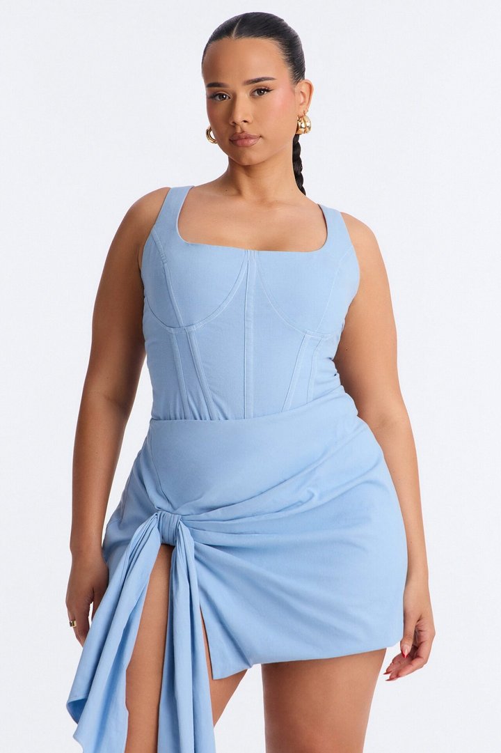 Ivy Draped Linen Bodysuit Skirt Set - Blue