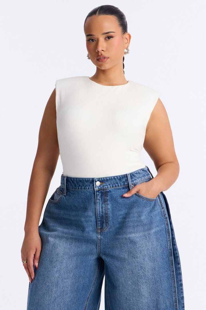 Owning It Shoulder Pad Sleeveless Bodysuit - White