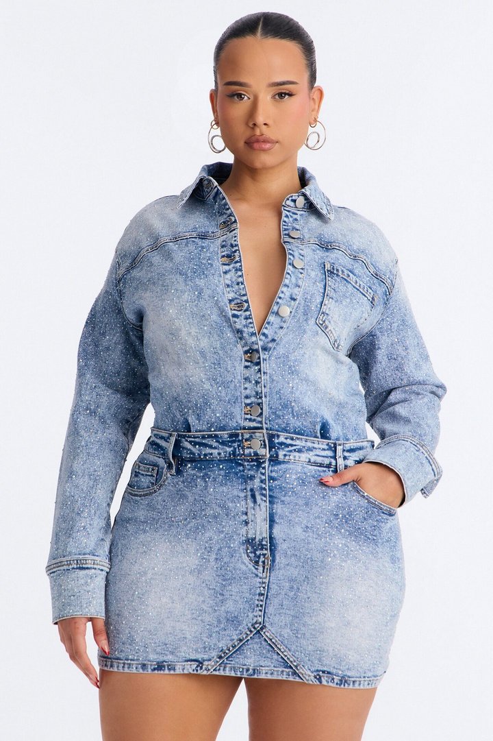 Belleville Rhinestone Denim Mini Dress - Light Blue Wash
