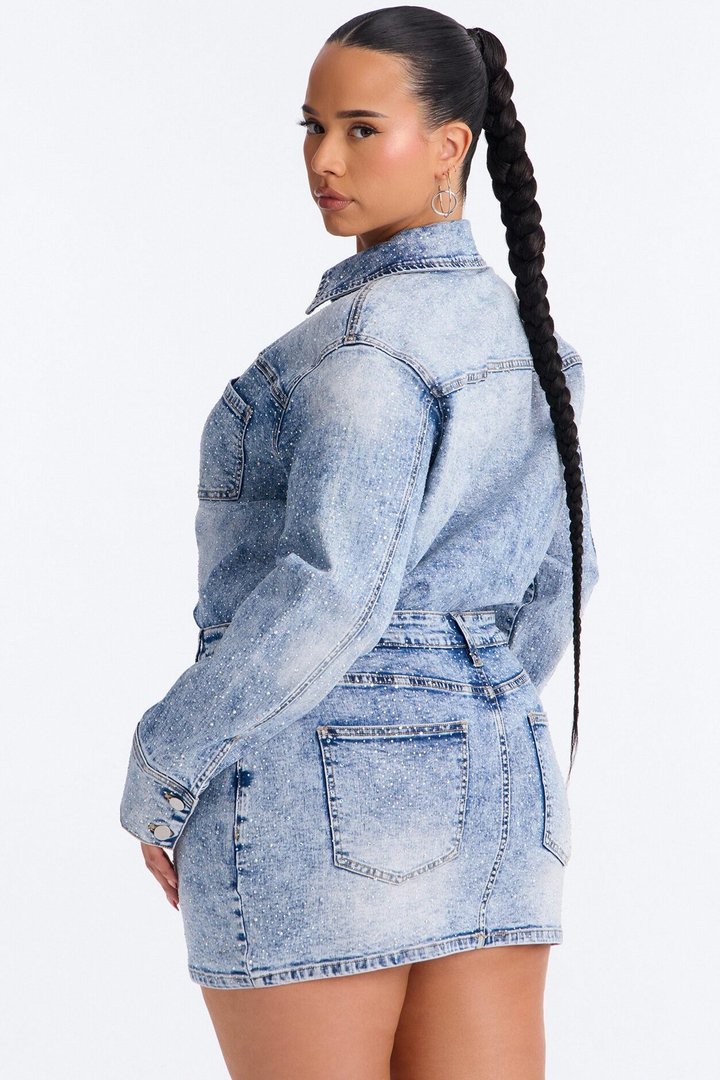 Belleville Rhinestone Denim Mini Dress - Light Blue Wash