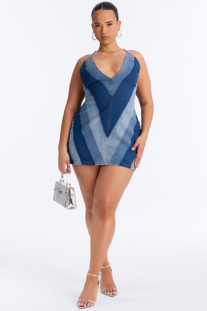 Signature Look Chevron Denim Mini Dress - Denim