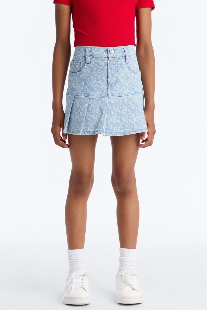 Mini Vivian Leopard Print Pleated Denim Skort - Light Wash