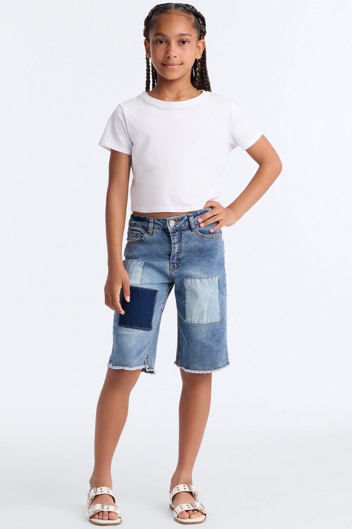 Mini Getting Impatient Patchwork Jorts - Medium Wash