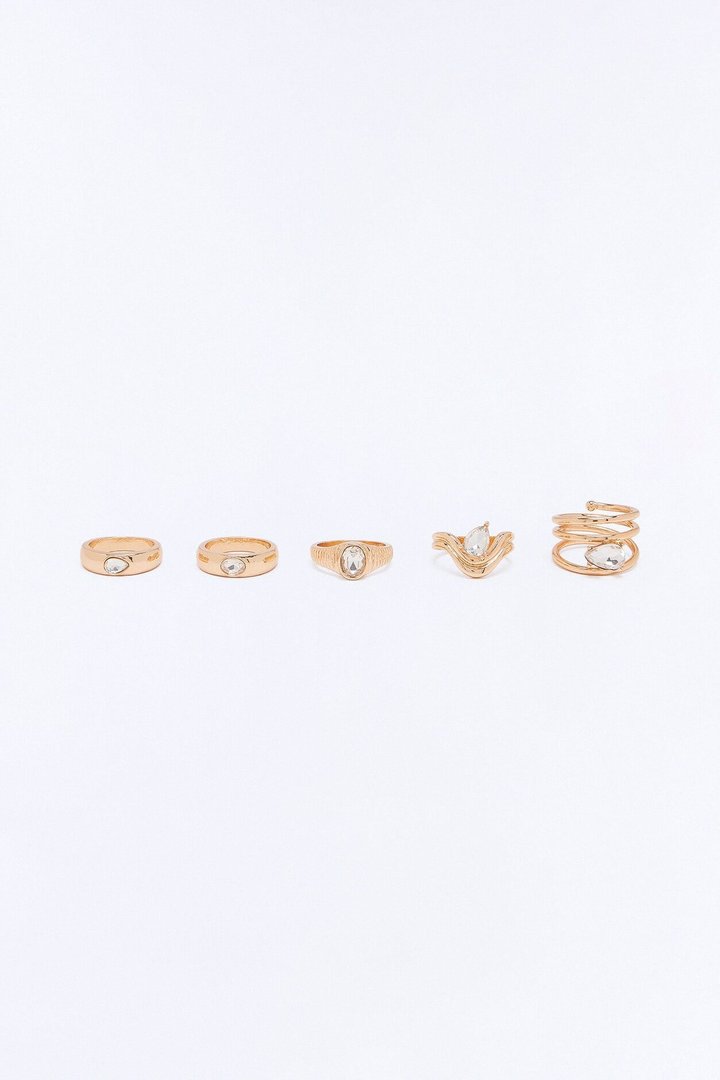 Amy Rhinestone 5 Piece Ring Set - Gold