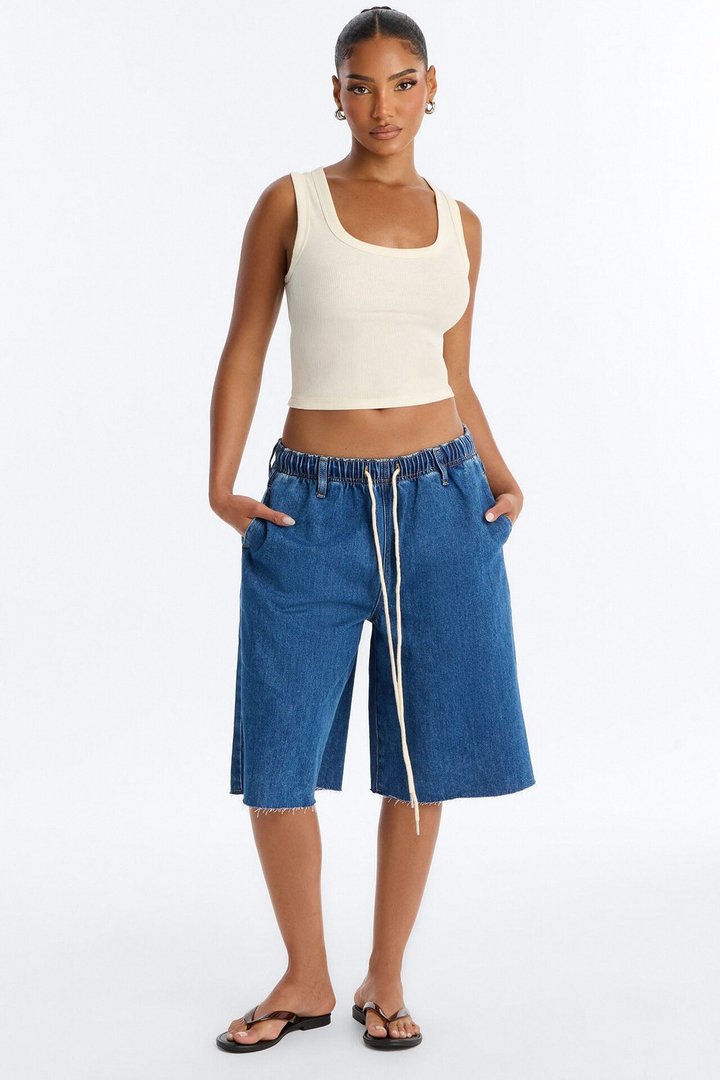 Metro Drapey Linen Denim Boxer Jorts - Medium Wash