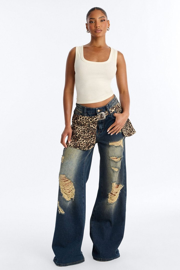 Wild Girl Belted Overlay Ripped Jeans - Dark Wash