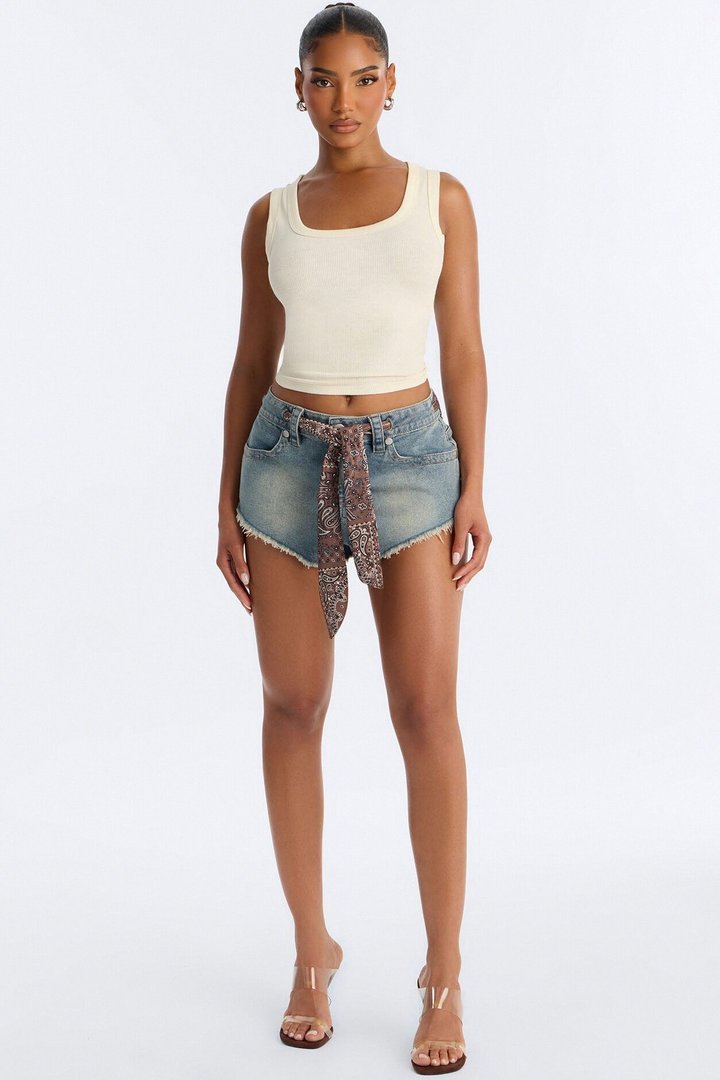In Another Life Scarf Belted Cut Off Denim Shorts - Vintage Wash