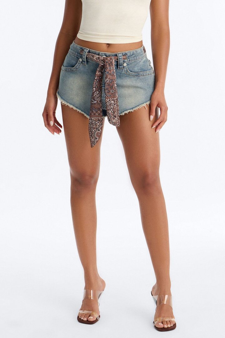 In Another Life Scarf Belted Cut Off Denim Shorts - Vintage Wash