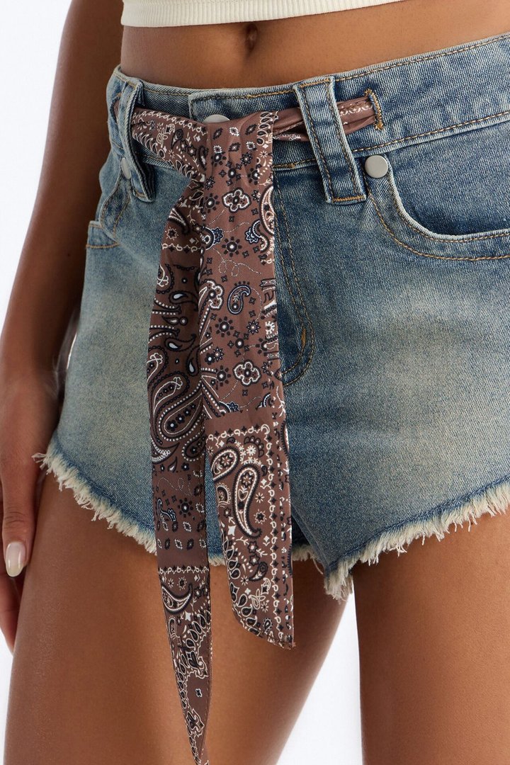 In Another Life Scarf Belted Cut Off Denim Shorts - Vintage Wash