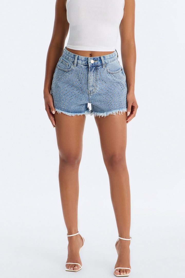 Simply Stunnin' Embellished Cut Off Denim Shorts - Medium Wash
