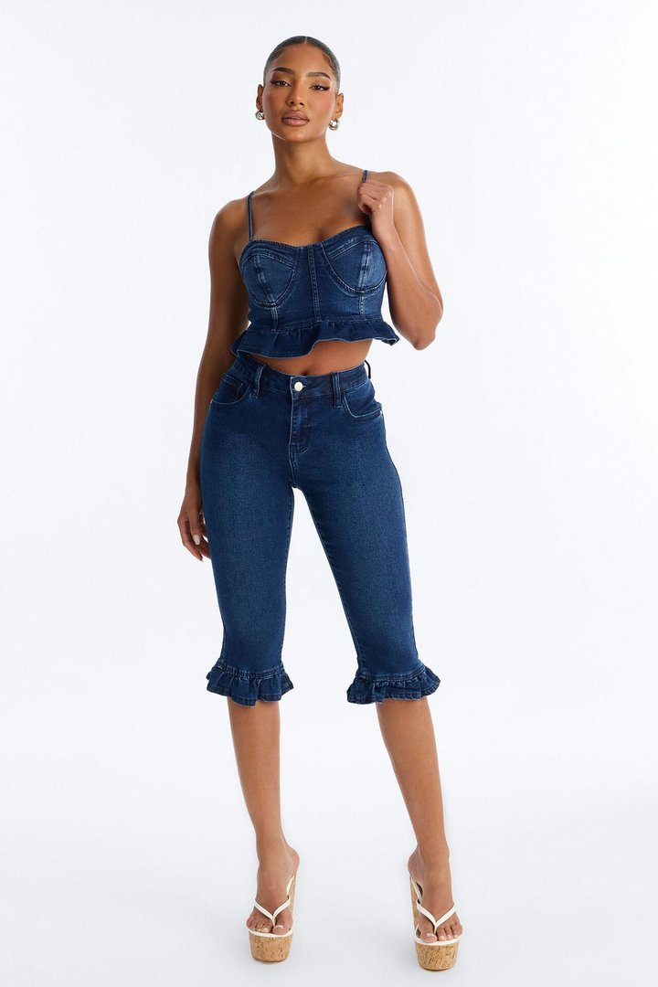 Steal The Show Ruffle Denim Bustier Tank - Dark Wash