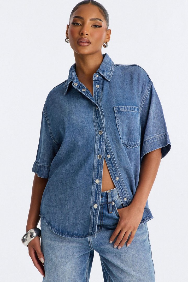 Elevated Casual Oversized Denim Shirt - Medium Wash