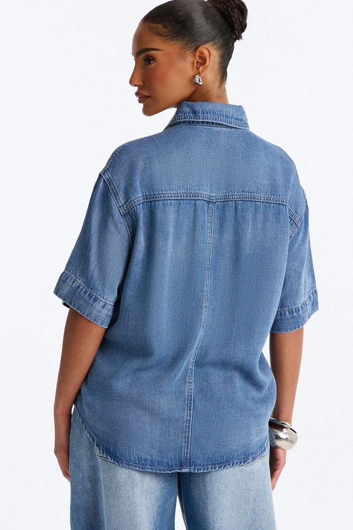 Elevated Casual Oversized Denim Shirt - Medium Wash