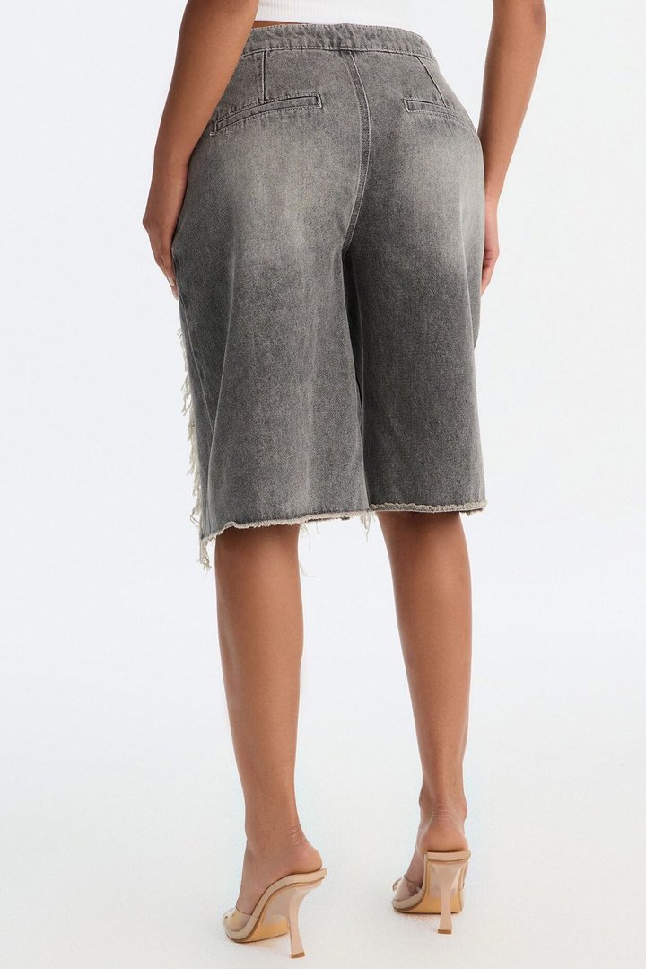 The Way It Goes Lace Detail Denim Jorts - Grey